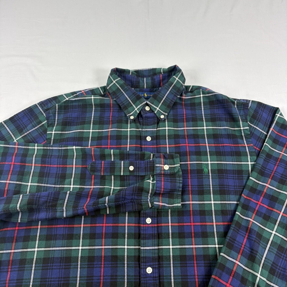 Polo Ralph Lauren Shirt Men 2XL Blue Green Plaid Performance Flannel Classic Fit